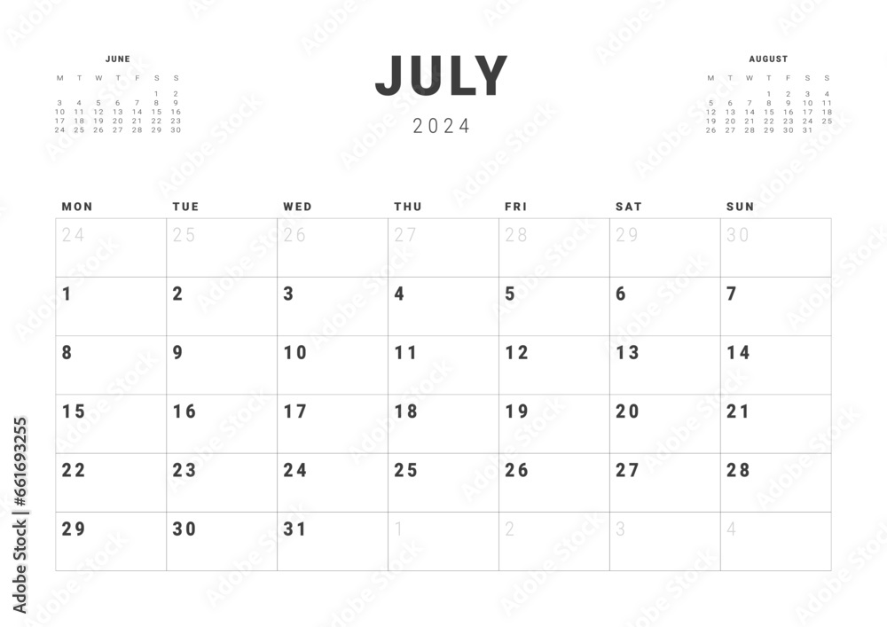 Monthly page Calendar Planner Templates of July 2024. Vector layout of simple calendar with week start Monday for print. Page for size A4 or 21x29.7 cm Monthly page Calendar Planner Templates of July 2024. Vector layout of simple calendar with week start Monday for print. Page for size A4 or 21x29.7 cm