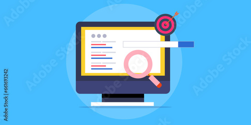 Search marketing strategy targeting online web visitors for e-business, optimized web content page display on search engine page, vector illustration web banner.
