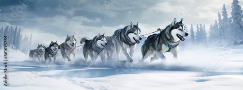 huskies pulling their sled in the winter