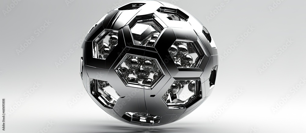 Surreal flying aluminium sphere with fractal structure deforming on grey background - obrazy, fototapety, plakaty 