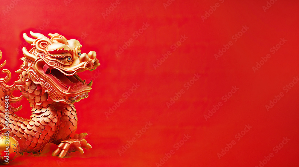 Fototapeta premium Dragon and red and gold paper flowers Chinese decoration background for 2024 lunar new year concept