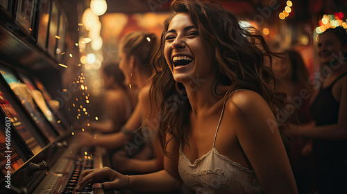 woman rejoice at winning on a slotmachine at the casino photo