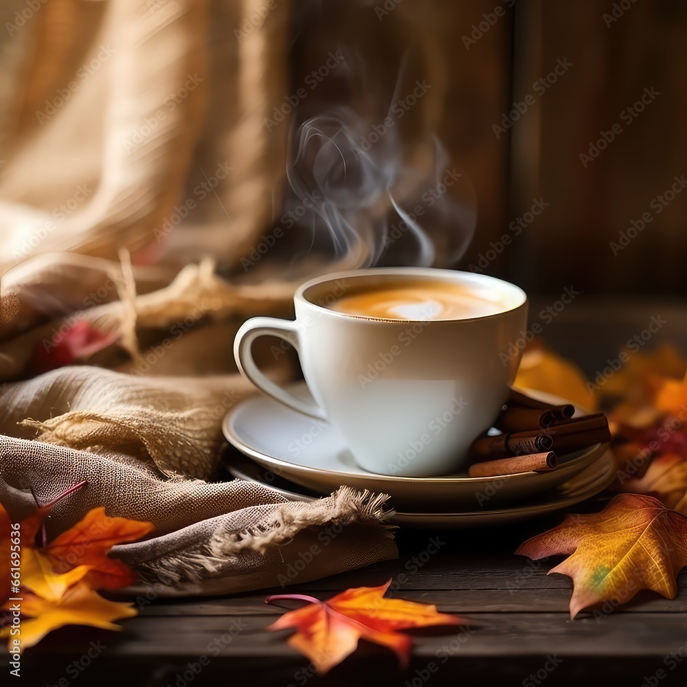 Hot steaming cup of coffee and autumn leaves on wooden table background. Beautiful bokeh autumn background. A picturesque colorful artistic image with a soft focus.