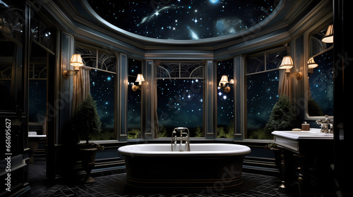 bathroom with a bright starry ceiling