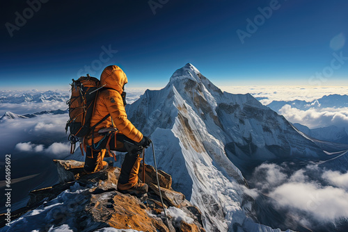 person climbing on top everest mountain peak