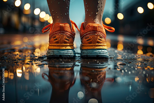 Athlete runner feet running on treadmill closeup on shoe