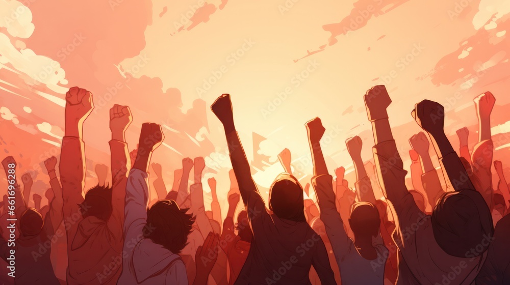 Arms raised in protest protestors fists raised up in the air, Generative AI Arms raised in protest protestors fists raised up in the air, Generative AI