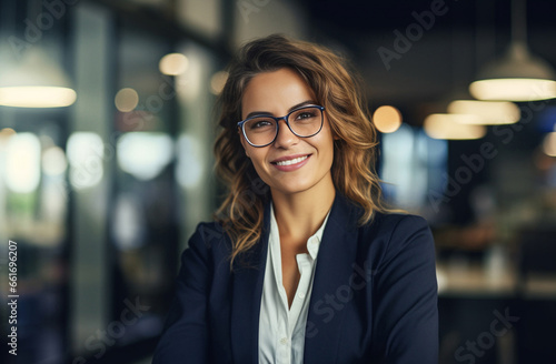 Confident businesswoman of European American origin, sporting stylish eyeglasses, stands before contemporary office backdrop, radiating intelligence confidence. Generative AI.