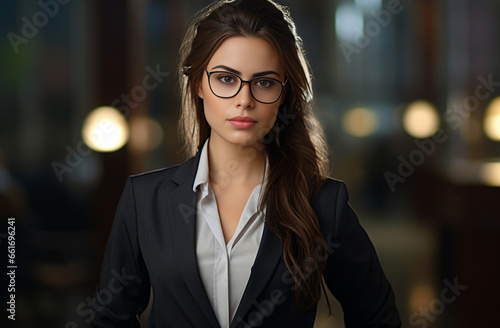 Confident businesswoman of European American origin, sporting stylish eyeglasses, stands before contemporary office backdrop, radiating intelligence confidence. Generative AI.