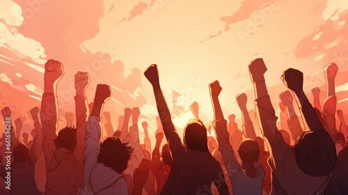 Arms raised in protest protestors fists raised up in the air, Generative AI