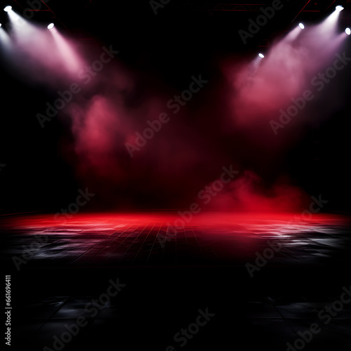 Dark stage shows, dark red background, an empty dark scene, neon light, spotlights The stage floor and studio room with smoke float up the interior