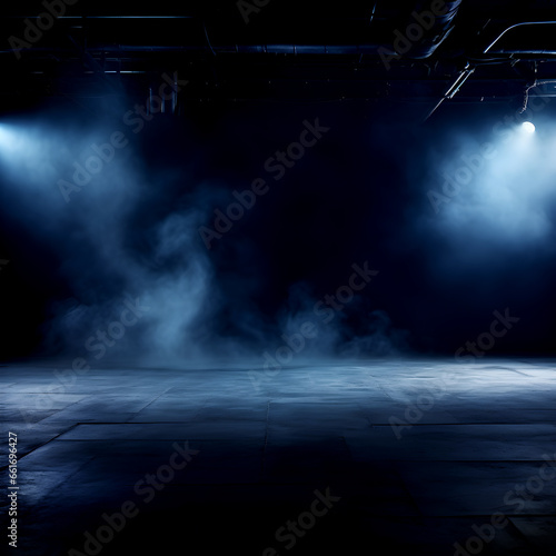Dark stage shows  dark blue background  an empty dark scene  neon light  spotlights The stage floor and studio room with smoke float up the interior