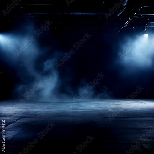 Dark stage shows, dark blue background, an empty dark scene, neon light, spotlights The stage floor and studio room with smoke float up the interior