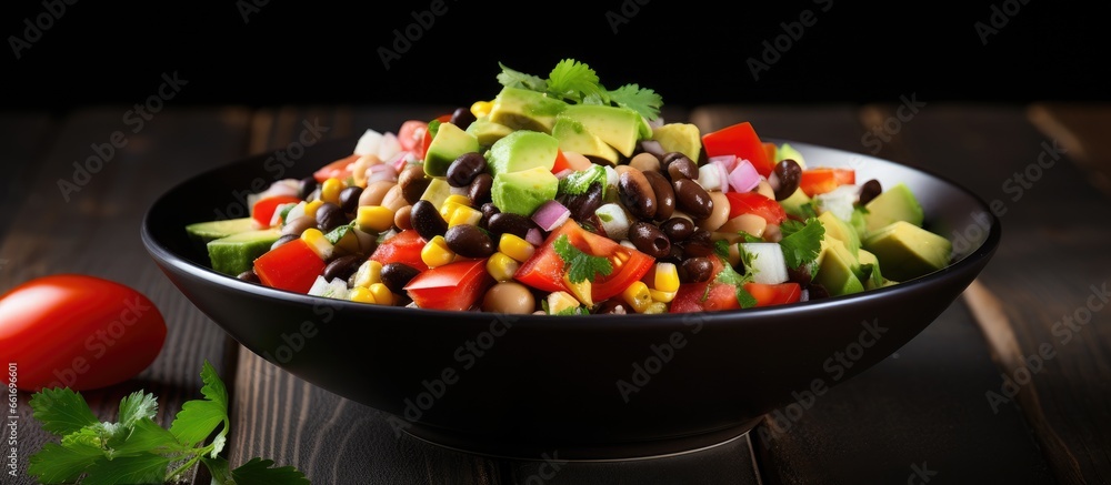 Texan style salad with black beans tomatoes avocado bell pepper corn and coriander in a black bowl on a dark wooden table viewed close up With copyspace for text