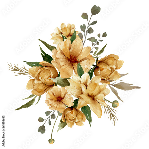 Watercolor floral illustration, watercolor painting, golden flowers with green leaves commposition. photo