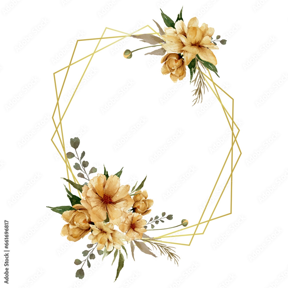 Watercolor flowers frame, golden flower with gold frame and green ...
