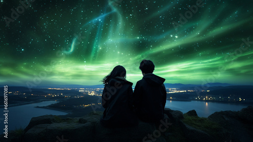 Asian couple sits and watches the northern lights.