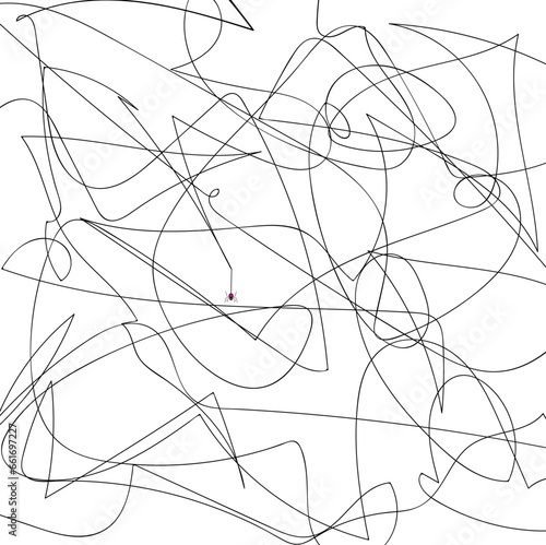 A small red poisonous spider hangs on a web in the middle of the art.