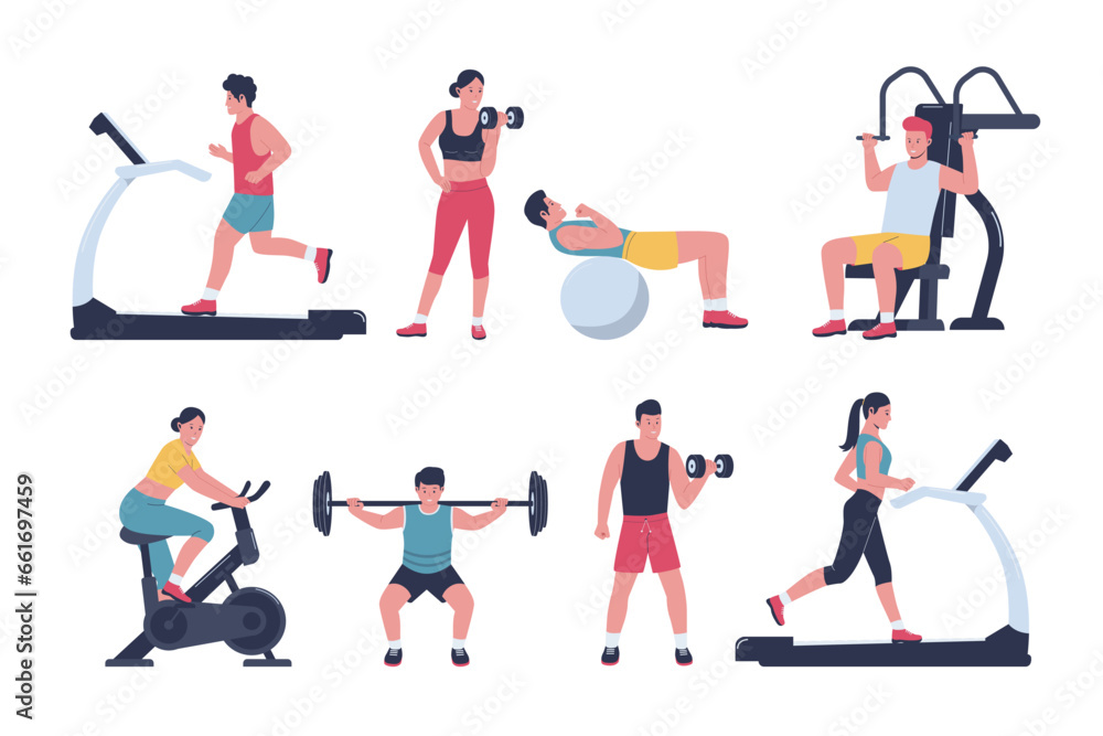 Obraz premium People at sport gym vector collection. Healthy fitness sports workout . Vector illustration collection set