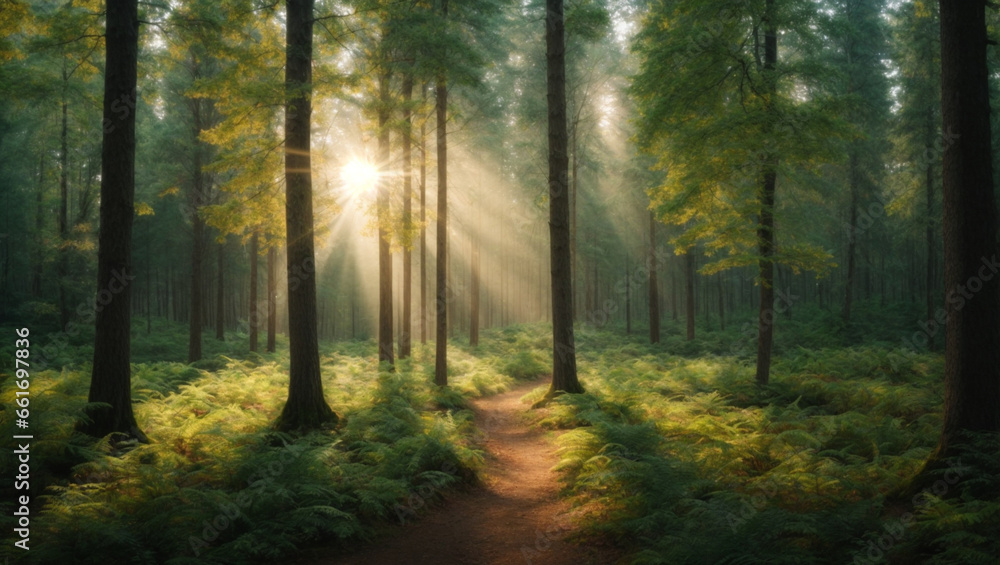 Panorama of a forest with the sunlight through the trees