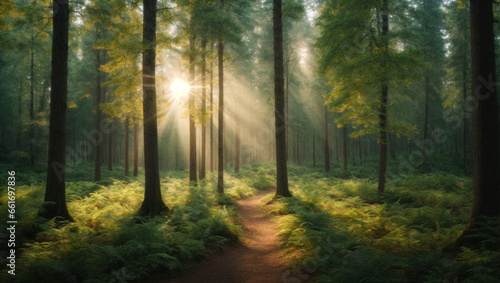 Panorama of a forest with the sunlight through the trees © adynue