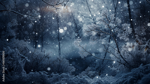 Winter background concept with snow falling and branches trees ice frost covered. © samyvas