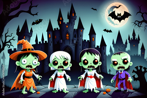 Cute Halloween zombie, mummy, and Dracula characters with a spooky castle 