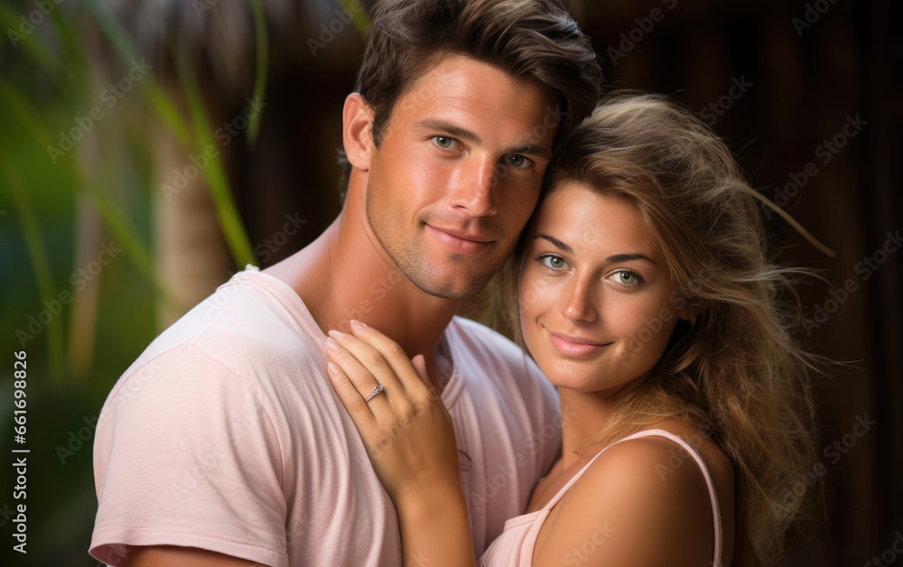 Close up photo of a love vibe couple posing in a spa garden