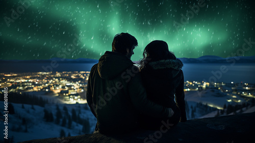 A couple sits and watches the northern lights.