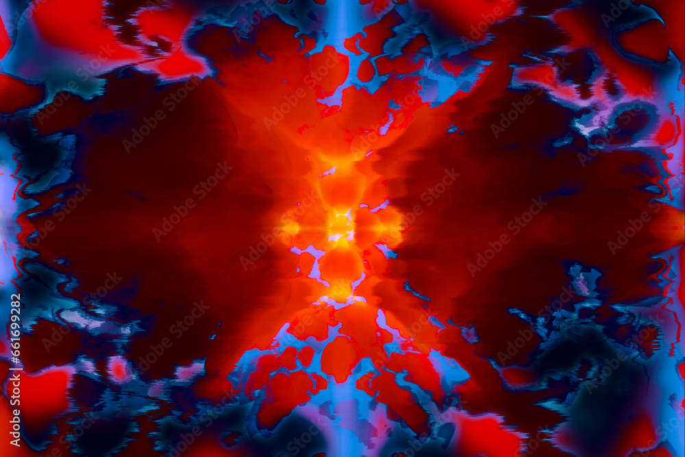 強い閃光が暗雲の闇を赤青紫に雷状に炸裂する荘厳な宇宙的イメージ。