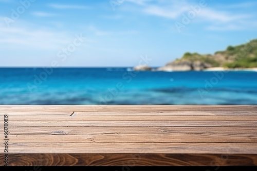 Wooden table on the background of the sea  island and the blue sky