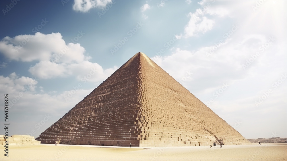 Pyramid in sand dust under bright clouds. ai generative