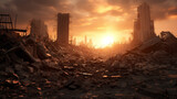 Apocalypse rubble at sunset. Ruins of a city. Apocalyptic landscape. ai generative