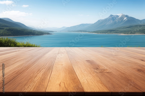 Empty wooden floor for product display montages with sea and mountain background. High quality photo