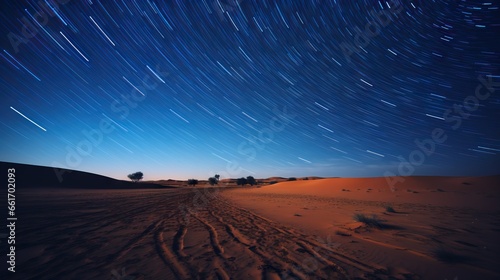 Scenic view of a sandy desert under a starry sky at night. The tranquil desert landscape is illuminated by the shimmering stars above, creating a mesmerizing and peaceful scene © BOMB8