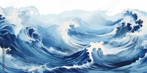 Generative AI : Blue brush stroke texture with Japanese ocean wave pattern in vintage style. Abstract art landscape banner design with watercolor texture