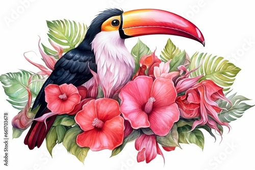 Generative AI : Watercolor tropical Great hornbill in Hibiscus bouquet Elements layer path