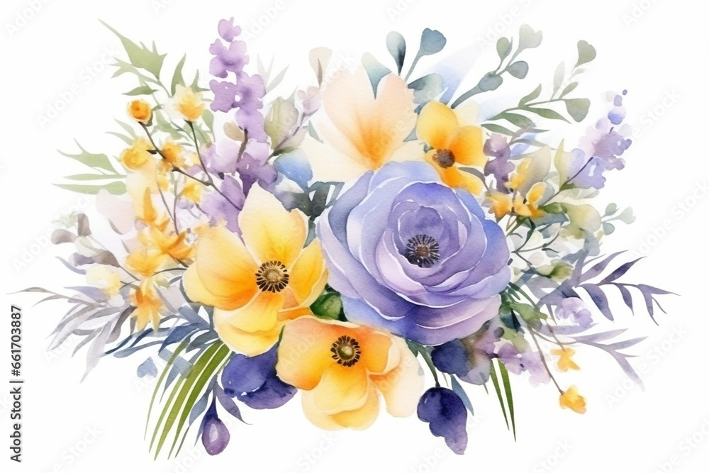 Generative AI : Bouquet of spring delicate watercolor flowers for wedding greeting card.