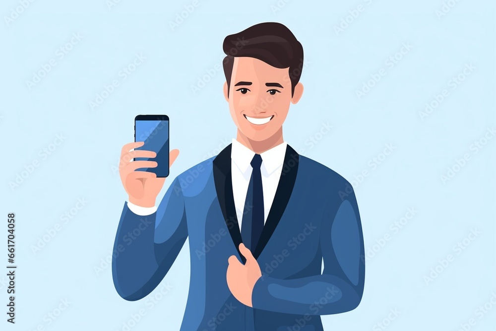 Generative AI : young worker or business man showing smartphone, man holding smartphone close up, flat design