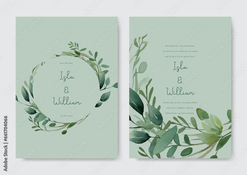 Wedding invitation template with watercolor green eucalyptus flower set. Floral decoration flyers postcards vintage style vector illustration design