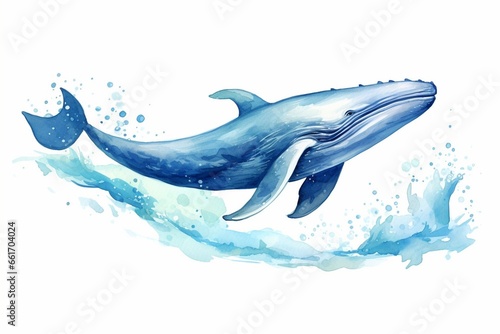 Generative AI : Watercolor style swimming blue whale with paint splash in the back on white background. © The Little Hut