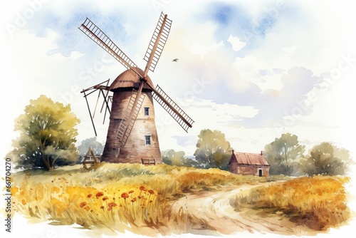 Generative AI   Windmill vintage watercolor hand drawn illustration making bread Rural