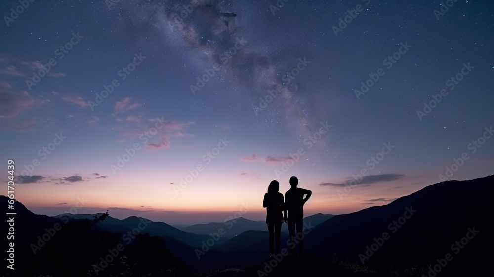 Dark silhouette of young couple hiker were standing at the top of the mountain looking at the stars at twilight sky.