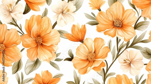 Generative AI : Seamless pattern of orange flowers drawn with watercolor.For the design of the wallpaper or fabric