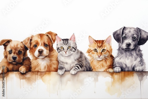 Generative AI : Watercolor Row of cats and dogs hanging their paws over a white banner. 
