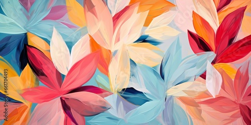 Generative AI : Abstract Digital Oil Painting Geometric Flowers Leaves Brush Strokes Seamless Pattern Blurred Background