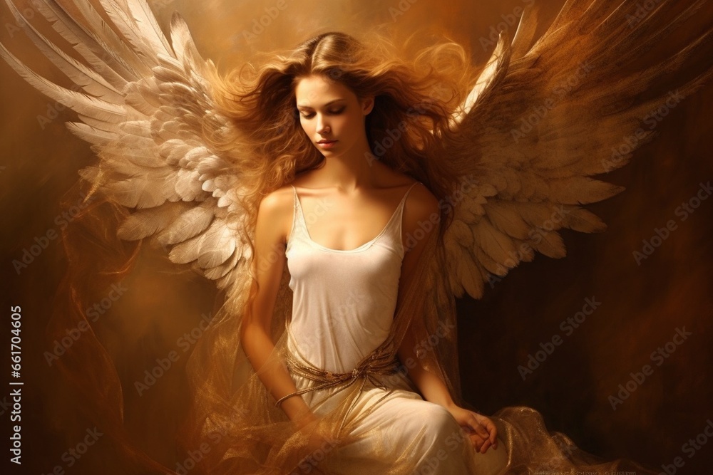 Generative AI : Beautiful angel with wings in brown background