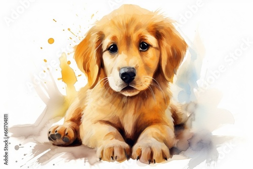 Generative AI   Cute Golden retriever puppy Watercolor isolated on white background. 