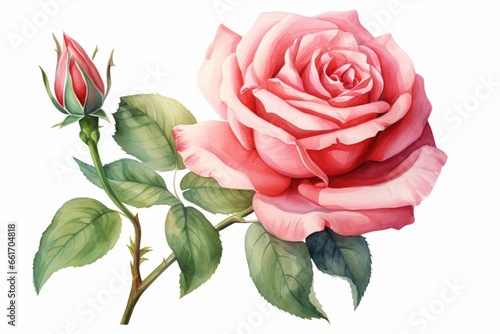 Generative AI : Watercolor botanical illustration of rose. Natural object isolated on white background. 