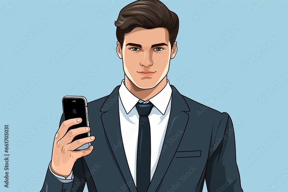 Generative AI : young worker or business man showing smartphone, man holding smartphone close up, flat design Generative AI : young worker or business man showing smartphone, man holding smartphone close up, flat design